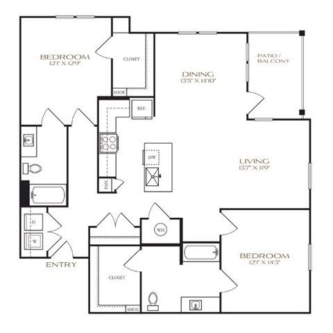 Floor plan for 2 beds, 2 baths, 1316 sqft